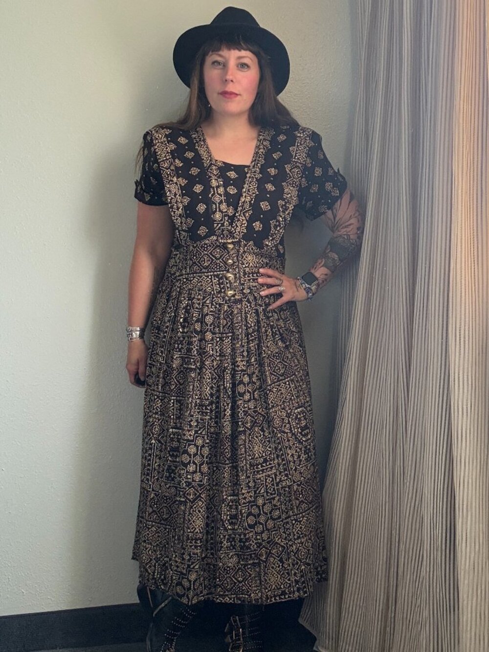 Vintage Boho Dress 80s Nina Piccalino Brown Black Dark Printed Bohemian | M/L